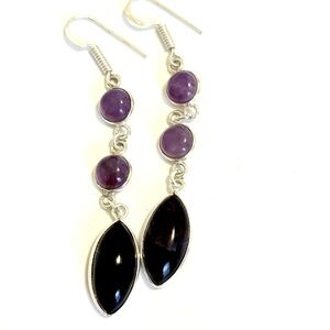 2 inch. 3 dangling ,Purple Amethyst earrings, set in 925 silver silver.